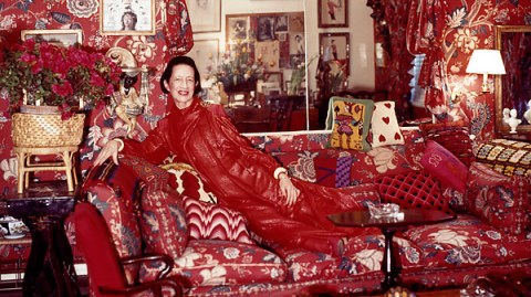 Diana Vreeland surrounded by red furnishings- series, 1979