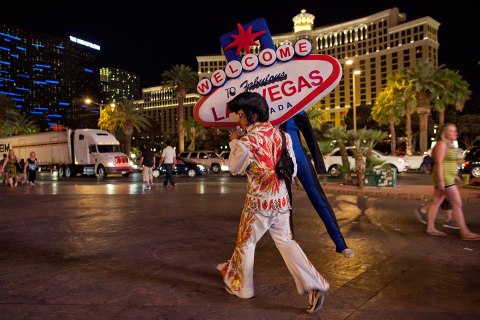 Image: One of Vegas’ many Elvis impersonators works the Strip
