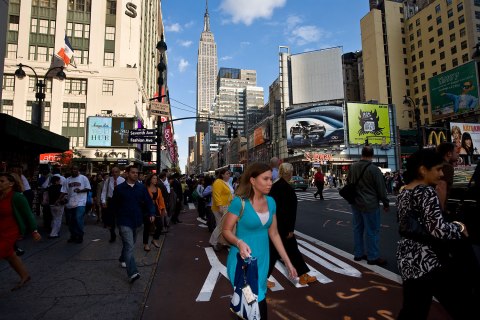 Pedestrians in New York's Garment District.